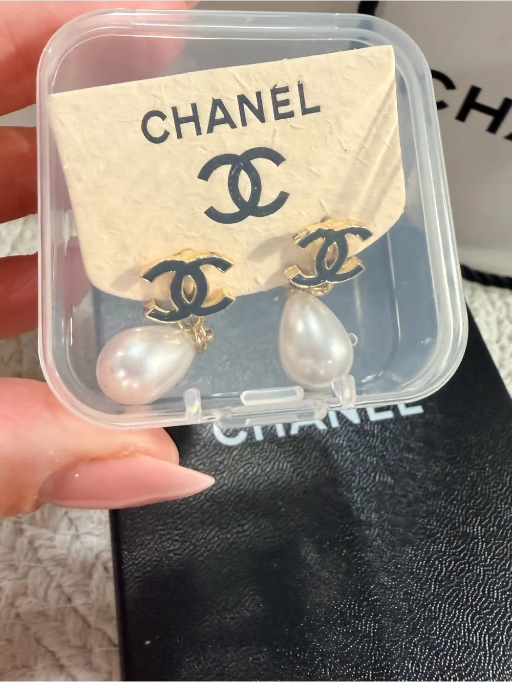 Black Enamel CC Faux Pearl Drop Earrings Gold Tone | New + Mini Storage Box